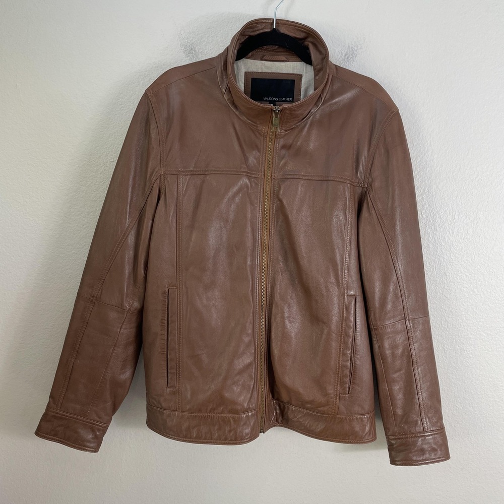 Wilsons Leather Jacket Mens XL Brown Genuine Leather Zip Bomber Stand Collar